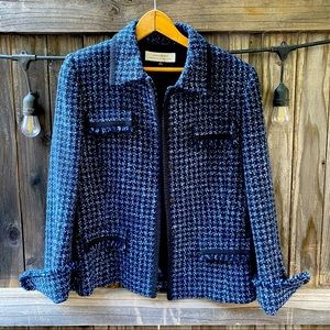 Tahari Arthur S. Levine Blue Houndstooth Fringed Tweed Jacket Size 8